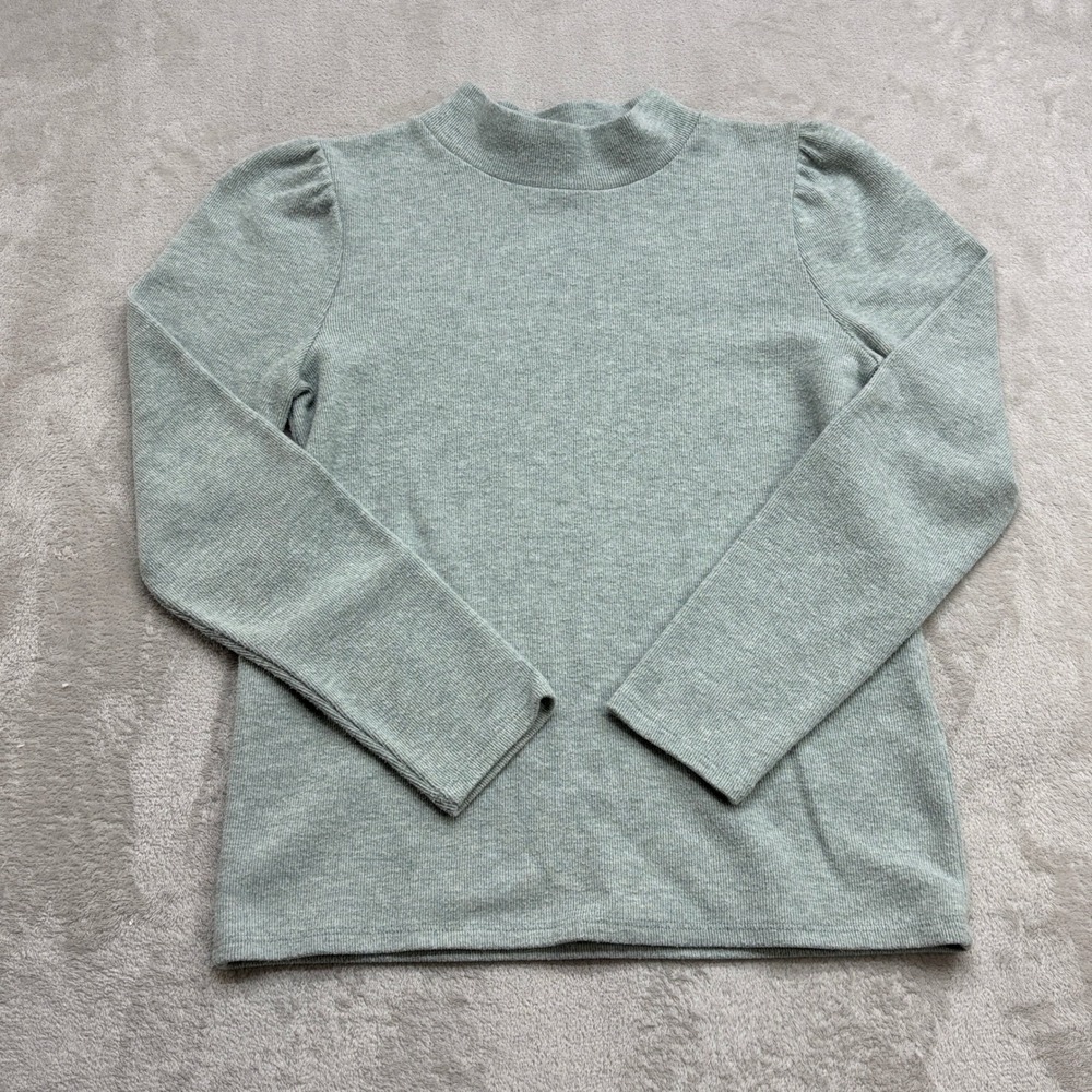 Madewell Top Womens S Green Mock Neck Puff Sleeve Ribbed Knit Long Sleeve Preppy